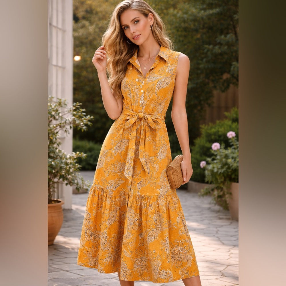Fifteen Twenty Mustard Yellow Paisley Maxi Dress with Tie Waist